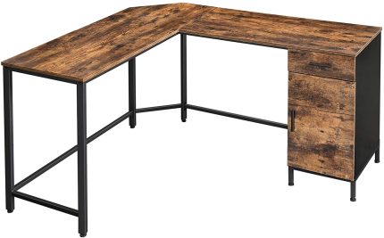 Enjoy fast, free nationwide shipping!  Owned by a husband and wife team of high-school music teachers, HawkinsWoodshop.com is your one stop shop for quality USA handmade industrial, modern, mid-century, and rustic furniture as well as imported furniture.  Get our Industrial Farmhouse Black & Rustic Brown L-Shaped Corner Desk w/ Cabinet & Drawer on sale now!