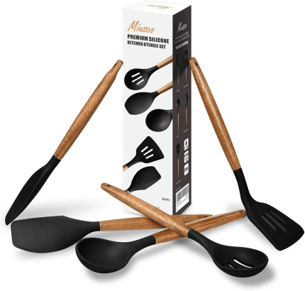 Enjoy fast, free nationwide shipping!  Owned by a husband and wife team of high-school music teachers, HawkinsWoodshop.com is your one stop shop for quality USA handmade industrial, modern, mid-century, and rustic furniture as well as imported furniture.  Get our Miusco Non-Stick Silicone Kitchen Utensils Set with Natural Acacia Hard Wood Handle, 5 Piece, Black, BPA Free, Baking & Serving Silicone Cooking Utensils on sale now!