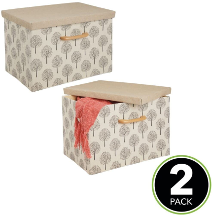 Mdesign Soft Textured Fabric Stackable Home Storage Organizer Box with Wood Handle/Lid Cover for Closet, Bedroom, Hallway, Entryway, Closets to Hold Clothing, Accessories, 2 Pack - Cream Tree Print