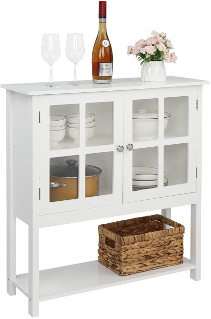 Outvita Buffet Cabinet Coffee Bar Sideboard Transparent Double Doors Buffet Table W/ 4-Tier Wood Storage Shelves, Furniture Cupboard Console Cabinets for Dining Room, Kitchen, Entryway, White