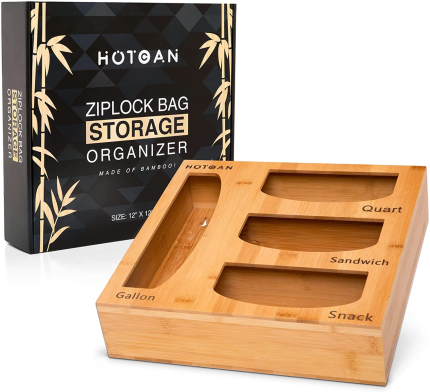 HOTCAN Bamboo Ziplock Bag Organizer for Drawer and Kitchen Wall Mount, Ziplock Bag Organizer Container Compatible with Gallon, Quart, Sandwich and Snack (Slider and Ziplock Bags)