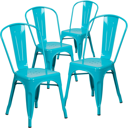 Enjoy fast, free nationwide shipping!  Owned by a husband and wife team of high-school music teachers, HawkinsWoodshop.com is your one stop shop for quality USA handmade industrial, modern, mid-century, and rustic furniture as well as imported furniture.  Get our Flash Furniture Commercial Grade 4 Pack Crystal Teal-Blue Metal Indoor-Outdoor Stackable Chair on sale now!