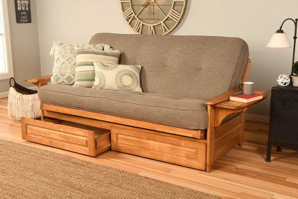 Enjoy fast, free nationwide shipping!  Owned by a husband and wife team of high-school music teachers, HawkinsWoodshop.com is your one stop shop for quality USA handmade industrial, modern, mid-century, and rustic furniture as well as imported furniture.  Get our Kodiak Furniture Phoenix Full Size Futon in Butternut Finish with Storage Drawers, Linen Stone on sale now!
