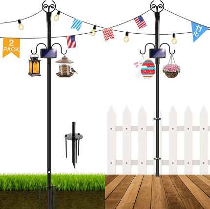 Outdoor String Light Pole, WY 2 Pack Sturdy String Light Poles for outside with Height-Adjustable Shepherds Hooks & Solar Panel Base, 4 Functions Patio Light Poles for Backyard Garden Party Weddings