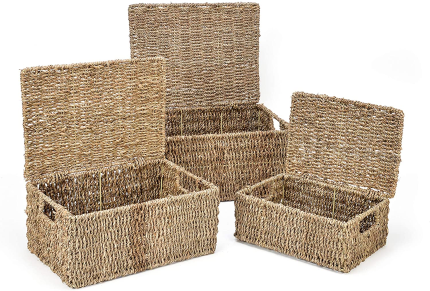 Trademark Innovations Rectangular Seagrass Baskets Lids (Set of 3), Brown