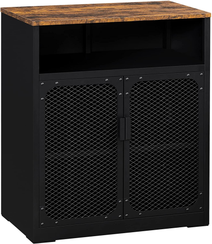 SONGMICS Storage Cabinet, Sideboard and Buffet Table with Mesh Doors and Adjustable Shelf, Steel Frame, Rustic Brown and Black ULSC120B01
