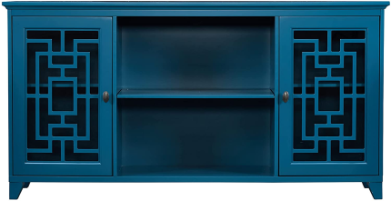 Knocbel Vintage Console Table Buffet Sideboard with 2 Glass Doors and 3 Adjustable Shelves, Entry Hallway Foyer Table Storage Cabinet with Legs, 60" W X 15.7" D X 30.9" H (Teal Blue)