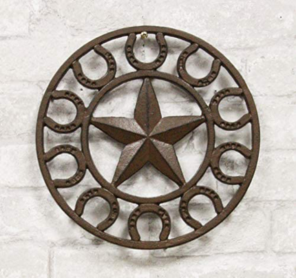 Enjoy fast, free nationwide shipping!  Owned by a husband and wife team of high-school music teachers, HawkinsWoodshop.com is your one stop shop for quality USA handmade industrial, modern, mid-century, and rustic furniture as well as imported furniture.  Get our Ebros Gift 10" Diameter Western Lone Star with Horseshoes Border Cast Iron Metal round Trivet Southwest Rustic Country Ranch Cowboy Vintage Decorative Accent for Wall or Table Furniture on sale now!