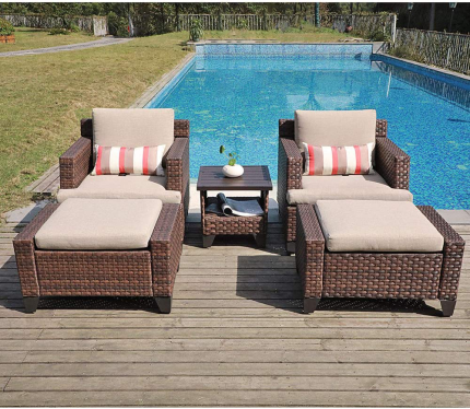 SUNSITT 5-Piece Outdoor Patio Furniture Set, Rattan Patio Lounge Chair and Ottoman Set with Waterproof Sofa Covers, Side Table with Aluminum Slatted Top, Brown Wicker