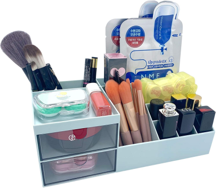 Makeup Organizer, Desk Organizer, Vanity Organizer, Cosmetic Storage Organizer, Desk Storage Box, Mini Desk Storage for Office Supplies, Bathroom Counter or Dresser, Blue