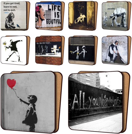 Enjoy fast, free nationwide shipping!  Owned by a husband and wife team of high-school music teachers, HawkinsWoodshop.com is your one stop shop for quality USA handmade industrial, modern, mid-century, and rustic furniture as well as imported furniture.  Get our BANKSY Print Coasters Pack of 10 - NEW Art Coasters Furniture, Dinnerware Sets 11Cm X 11Cm on sale now!