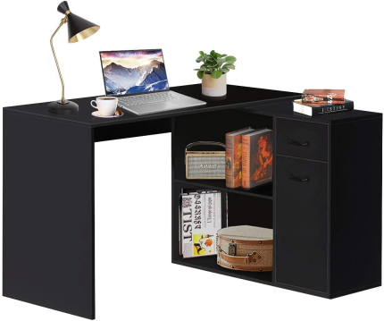VANSPACE L-Shaped Rotating Computer Desk with Storage Shelves 68 Inch Corner Home Office Desk with Two Drawers and File Cabinet Multipurpose Study Writing Table Black for Small Space