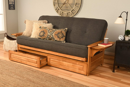Enjoy fast, free nationwide shipping!  Owned by a husband and wife team of high-school music teachers, HawkinsWoodshop.com is your one stop shop for quality USA handmade industrial, modern, mid-century, and rustic furniture as well as imported furniture.  Get our Kodiak Furniture Phoenix Full Size Futon in Butternut Finish with Storage Drawers, Linen Charcoal on sale now!