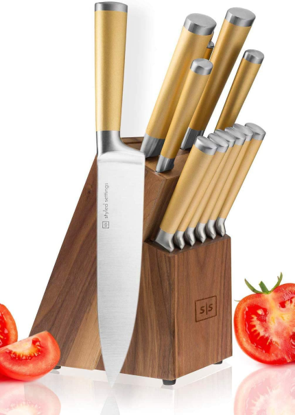 Enjoy fast, free nationwide shipping!  Owned by a husband and wife team of high-school music teachers, HawkinsWoodshop.com is your one stop shop for quality USA handmade industrial, modern, mid-century, and rustic furniture as well as imported furniture.  Get our Gold Knife Set with Walnut Knife Block, 13-Piece Kitchen Knives Stainless Steel Gold Knives Set, Full Tang, Knives Gold - Gold Kitchen Accessories on sale now!