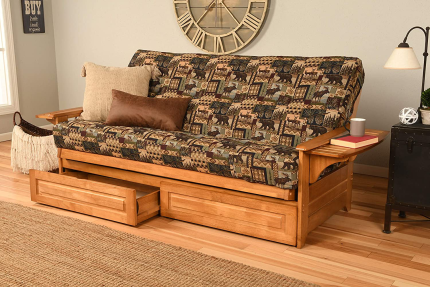 Enjoy fast, free nationwide shipping!  Owned by a husband and wife team of high-school music teachers, HawkinsWoodshop.com is your one stop shop for quality USA handmade industrial, modern, mid-century, and rustic furniture as well as imported furniture.  Get our Kodiak Furniture Phoenix Full Size Futon in Butternut Finish with Storage Drawers, Peter'S Cabin on sale now!
