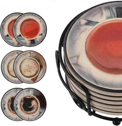Zepru 6 Piece Set of Coasters - Absorbent Ceramic Drink Mats with Metal Holder & Cork Base - Decorative Coffee, Cappuccino & Tea Tray - Elegant Novelty Beverage Holder - Prevent Furniture Scratching