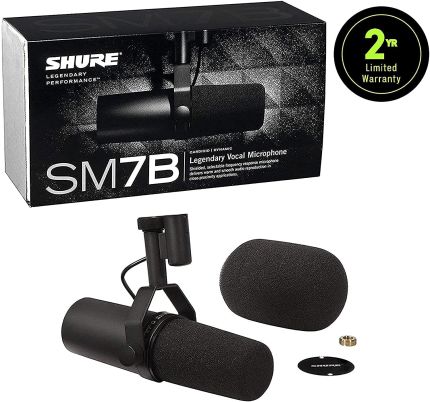 Shure SM7B Vocal Dynamic Microphone for Broadcast, Podcast & Recording, XLR Studio Mic for Music & Speech, Wide-Range Frequency, Warm & Smooth Sound, Rugged Construction, Detachable Windscreen - Black