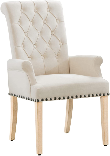 LOULENS Fabric Dining Chairs, Upholstered Tufted Armrest Chairs, Accent Chairs with Nailhead Trim, Solid Wood Legs for Home, Kitchen Living Room, Beige