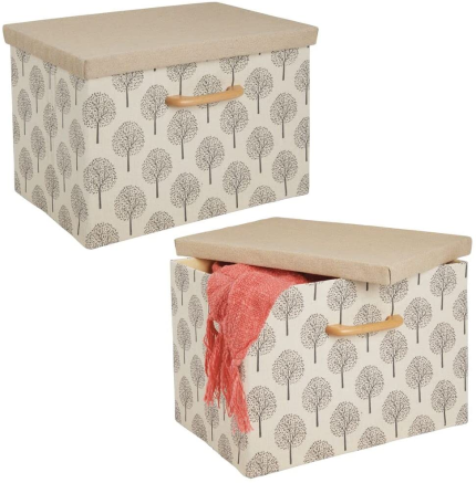 Mdesign Soft Textured Fabric Stackable Home Storage Organizer Box with Wood Handle/Lid Cover for Closet, Bedroom, Hallway, Entryway, Closets to Hold Clothing, Accessories, 2 Pack - Cream Tree Print