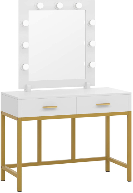 Vanity Table with Lighted Mirror, Makeup Vanity Dressing Table with 9 Lights and 2 Drawers for Women, Dresser Desk Vanity Set for Bedroom, Gold (White)
