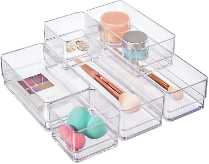 Stori Clear Plastic Vanity and Desk Drawer Organizers | 6 Piece Set
