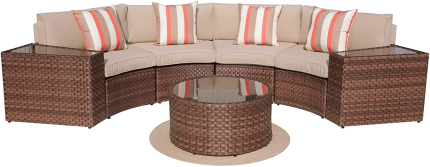 SUNSITT Outdoor 7-Piece Half-Moon Sectional Furniture Set with round Coffee Table, Patio Curved Sofa Set, Beige Cushion and Brown Wicker, Incl. Waterproof Cover