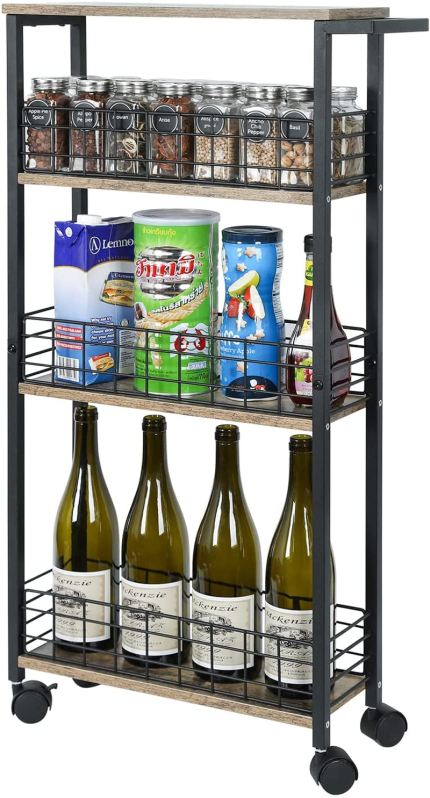 LUMAMU Slim Storage Cart for Small Spaces, 4 Tier Mobile Rolling Cart with Wheels Slide Out Storage Utility Shelves Cart with Wooden for Kitchen Narrow Spaces