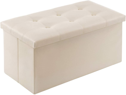 YOUDENOVA 30 Inches Folding Storage Ottoman, 80L Storage Bench for Bedroom and Hallway, Faux Leather Beige Footrest with Foam Padded Seat, Support 350Lbs