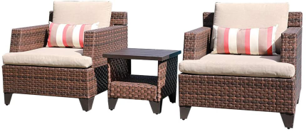 SUNSITT 3-Piece Patio Conversation Set, Wicker Outdoor Furniture Lounge Chairs and Side Table W/Aluminum Top, Beige Olefin Fabric Cushions & Brown Wicker