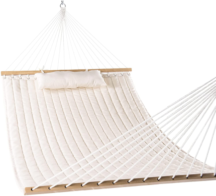Enjoy fast, free nationwide shipping!  Owned by a husband and wife team of high-school music teachers, HawkinsWoodshop.com is your one stop shop for quality USA handmade industrial, modern, mid-century, and rustic furniture as well as imported furniture.  Get our Lazy Daze 12 FT Double Quilted Fabric Hammock with Spreader Bars and Detachable Pillow, 2 Person Hammock for Outdoor Patio Backyard Poolside, 450 LBS Weight Capacity, Dark Cream on sale now!