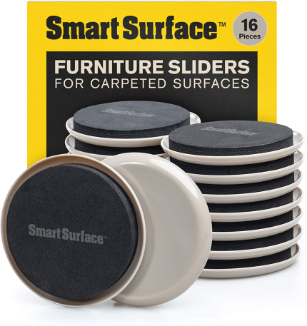 Smart Surface Furniture Sliders for Carpet - 16 Pack - 3.5" round | 8295 Coasters for Heavy Furniture - Protect Your Carpeted Floors