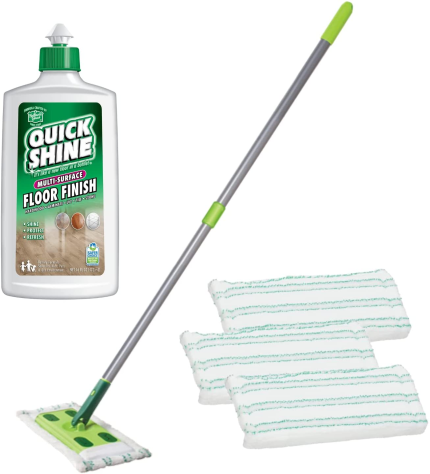 Quick Shine Sustainable Hard Surface Floor Mop Kit with 3 Mop Pads & 1 Floor Finish 16Oz | Hardwood, Luxury Vinyl Plank, Tile & Laminate| Use Wet + Dry | Perfect to Apply Finish | Squirt, Spread, Done