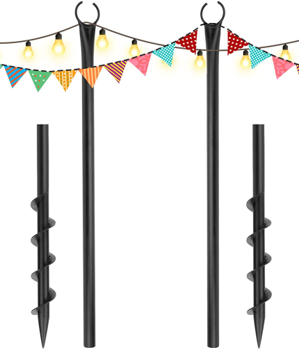 String Light Poles for outside - 2 Pack Outdoor Patio Light Poles for Hanging String Lights, Patented Spiral Ground Anchor, Steel Backyard Garden Light Posts for Party Wedding Decorations