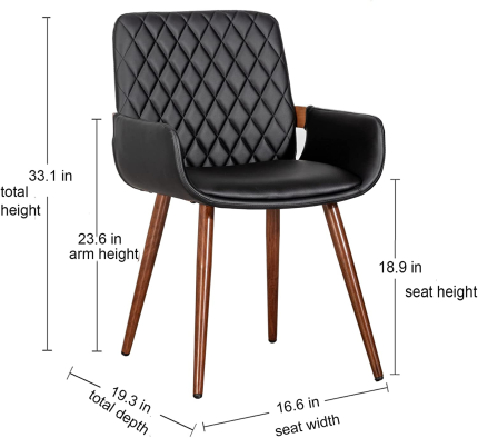 LUNLING Mid Century Modern Dining Chairs Set of 2 Accent Faux Leather Chair with Armrest,Upholstered Seat,Metal Legs,Adjustable Foot for Kitchen Dining Room Desk Chairs(Black W009)