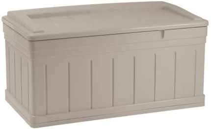 Suncast DB9750 129 Gallon Large Waterproof Outdoor Storage Container for Patio Furniture, Pools Toys, Yard Tools Extended Deck Box, H27 1/2, W/Lid and Seat, Taupe