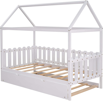 Smilehome Twin Size Wooden House Bed Frame with Trundle & Fence-Shaped Guardrail for Kids Toddler Girls Boys, No Box Spring Needed, White