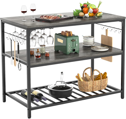 Kitchen Island with Wine Glass Holder, Homieasy Industrial Wood and Metal Coffee Bar Wine Rack Table, 3 Tier Spacious Kitchen Prep Table Extended Counter with Hooks Easy to Assemble, Black Oak