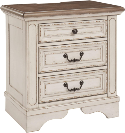 Enjoy fast, free nationwide shipping!  Owned by a husband and wife team of high-school music teachers, HawkinsWoodshop.com is your one stop shop for quality USA handmade industrial, modern, mid-century, and rustic furniture as well as imported furniture.  Get our Realyn French Country 3 Drawer Nightstand with Electrical Outlets & USB Ports, Chipped White on sale now!