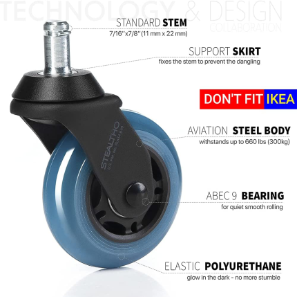 STEALTHO Patented Replacement Office Chair Caster Wheels Set of 5 - Protect Your Floor - Quick & Quiet Rolling over Cables - No More Chair Mat Needed - Blue Polyurethane - Standard Stem 7/16 Inch
