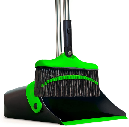 Broom and Dustpan Set with Long Handle - Kitchen Brooms and Stand up Dust Pan Magic Combo Set for Home - Lobby Broom with Rotation Head and Standing Dustpan for Floor Cleaning Green