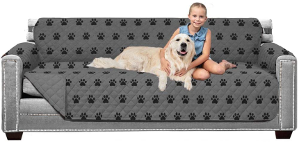 Sofa Shield Patented Slipcover, Reversible Tear Resistant Soft Quilted Microfiber, XL 78” Seat Width, Durable Furniture Stain Protector with Straps, Washable Couch Cover for Dogs, Kids, Paw Gray Black