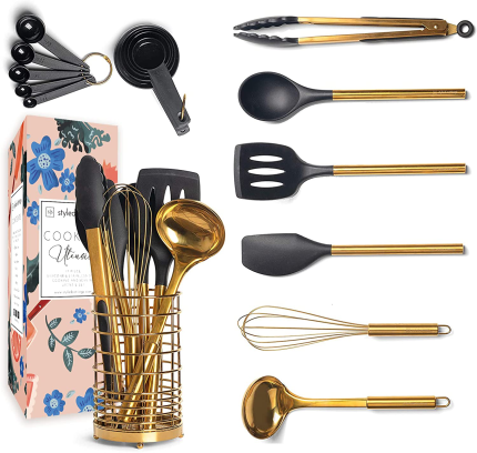 Enjoy fast, free nationwide shipping!  Owned by a husband and wife team of high-school music teachers, HawkinsWoodshop.com is your one stop shop for quality USA handmade industrial, modern, mid-century, and rustic furniture as well as imported furniture.  Get our Black & Gold Kitchen Utensils with Metal Gold Utensil Holder -17PC Gold Cooking Utensils Set Includes Black & Gold Measuring Cups and Spoons Set-Gold Kitchen Accessories, Silicone Cooking Utensils Set on sale now!