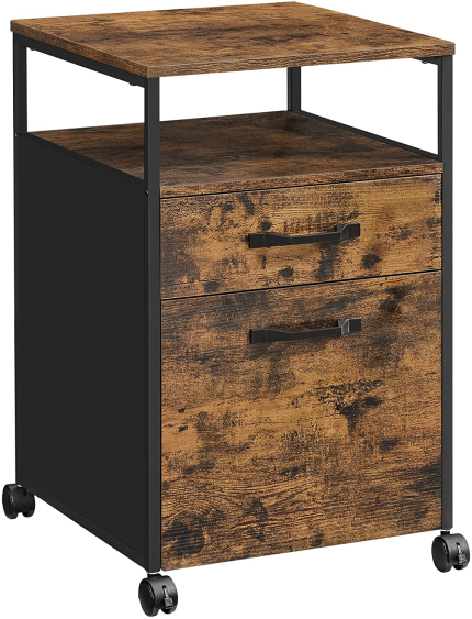 Enjoy fast, free nationwide shipping!  Owned by a husband and wife team of high-school music teachers, HawkinsWoodshop.com is your one stop shop for quality USA handmade industrial, modern, mid-century, and rustic furniture as well as imported furniture.  Get our Rolling File Cabinet, Mobile Office Cabinet on Wheels, with 2 Drawers, Open Shelf, for A4, Letter Size, Hanging File Folders, Industrial Style, Rustic Brown and Black UOFC71X on sale now!