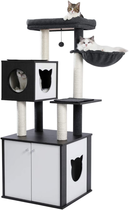 PETEPELA 59’’ All-In-One Cat Tree Multifunctional Modern Cat Tower High-Grade Wood Furniture with Cat Washroom Litter Box House, Cat Condo, Top Perch, Large Hammock and Sisal Scratching Post (Black)