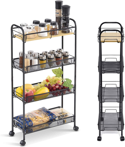 Enjoy fast, free nationwide shipping!  Owned by a husband and wife team of high-school music teachers, HawkinsWoodshop.com is your one stop shop for quality USA handmade industrial, modern, mid-century, and rustic furniture as well as imported furniture.  Get our KINGRACK 4-Tier Slim Rolling Cart, Slide Out Storage Cart with Wooden Tabletop, Mobile Utility Cart with Mesh Baskets, Easy Assemble Shelving Unit for Narrow Space on Kitchen Bathroom, Black on sale now!