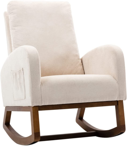 Kiztir Upholstered Rocking Chair, Nursery Rocking Chairs with Solid Wood Base, Side Pocket, Accent Glider Rocker for Nursery, Living Room, Bedroom (Beige)