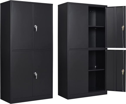 Metal Storage Locking Cabinet with 4 Doors and 2 Adjustable Shelves,72" Lockable Garage Tall Steel Cabinet,For Home Office,Living Room,Pantry,Gym,Commercial Storage (Black)