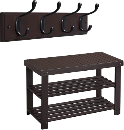 SONGMICS Shoe Bench Bundle with Wall Mounted Coat Rack, 3-Tier Bamboo Shoe Rack, 4 Dual Hooks, for Backpack Jacket, in the Entryway, Living Room, Bedroom, Brown ULBS04Z and ULHR023K01