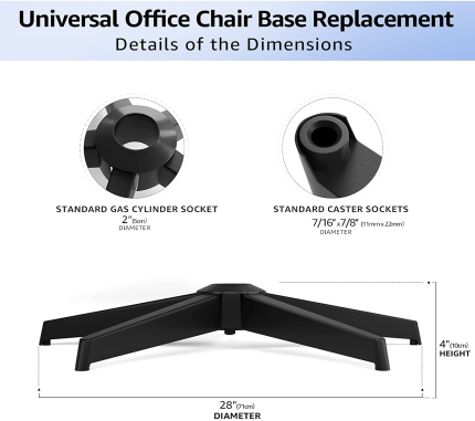 Mastery Mart Office Chair Base Replacement Heavy Duty, Metal Desk Chair Base Replacement Parts with Universal Gas Cylinder Hole and Casters Sockets, 2400+Lbs, Diameter 28", Matte Black