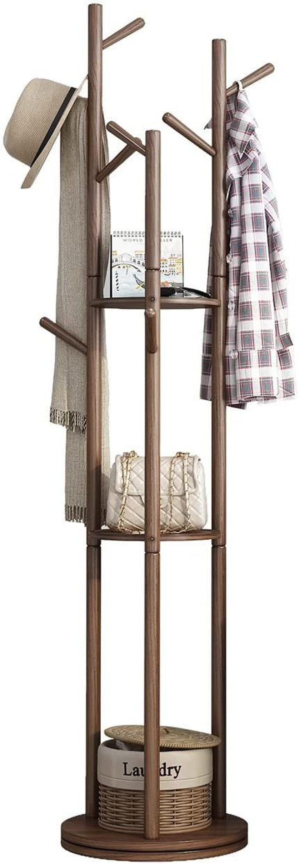 KASLANDI Wooden Coat Rack Freestanding, Rotary Coat Rack Stand with 3 Storage Shelves and 9 Hooks, Enterway Hall Tree Free Standing for Hanging Coats, Jackets, Hats, Bags, Umbrellas, Walnut Brown